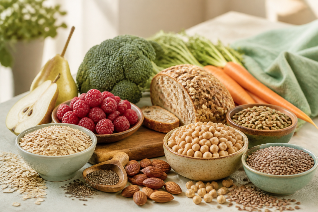 Aliments naturellement riches en fibres : légumineuses, céréales complètes, fruits et légumes